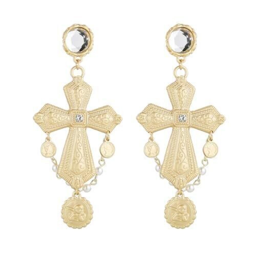 1214 Vintage Baroque Style Dangle Earrings, Large Gold-plated Rhinestone